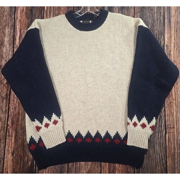 Structure Vtg Long Sleeve Shetland Wool Sweater Beige/Blue Intarsia Knit Men XL - Picture 1 of 11